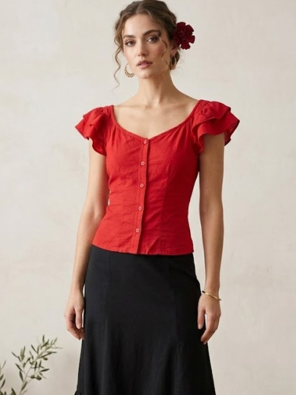 Vintage New Hero Blouse Top Ruffle Flutter Sleeve Native American Cotton size S